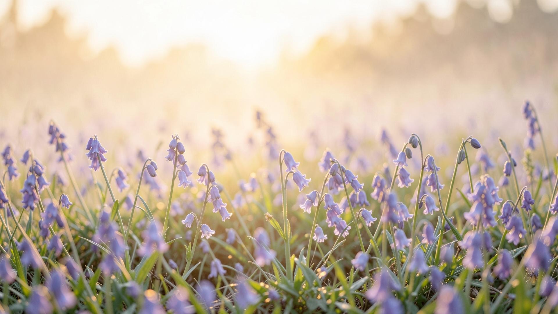 Blühende Wiese mit violetten Glockenblumen im Morgenlicht